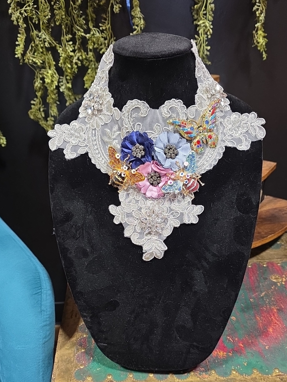 Aratta Embroidered Lace Bib w/ Brooches, Floral Motifs & Crystal
